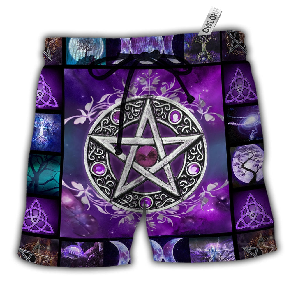 Wicca Witch Vibes Purple Pentagram Hawaiian Beach Shorts For Summer Vacation And Coastal Travel