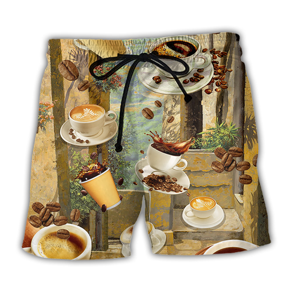 Coffee Morning Vintage Aesthetic Beach Shorts Pattern View For Relaxed Vacation Styling