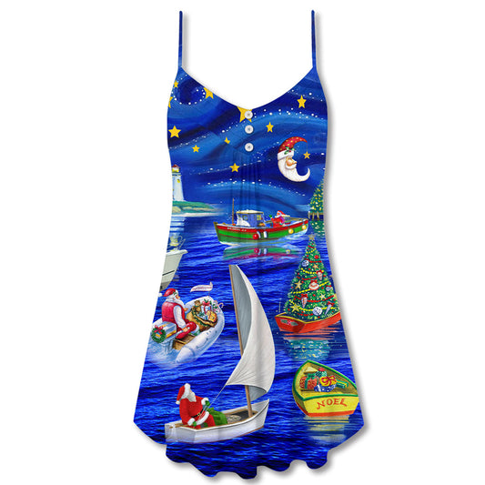 Christmas Starry Night Holiday Theme V-Neck Sleeveless Cami Dress For Festive Events And Casual Summer Styling