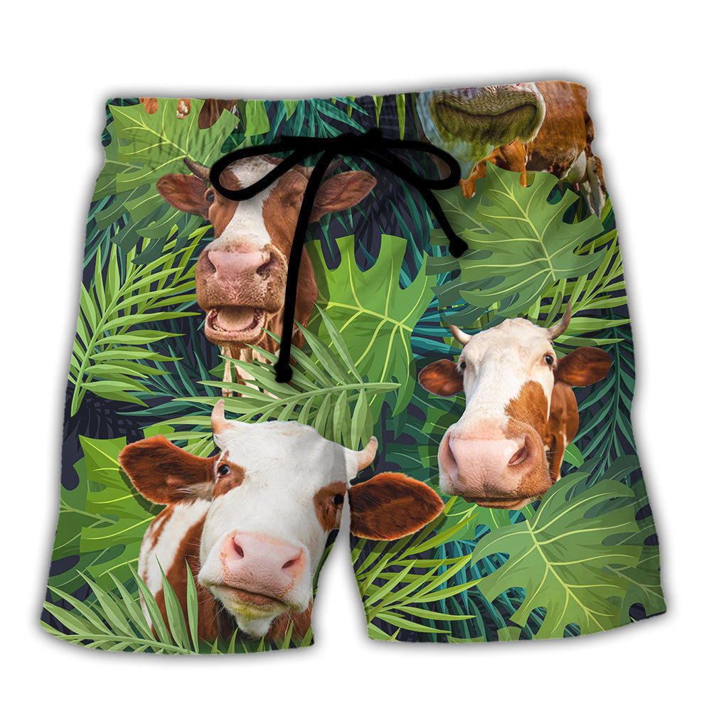 Cow Face Funny Troll Cattle Tropical Style Beach Shorts For Western Summer Vacation Wear