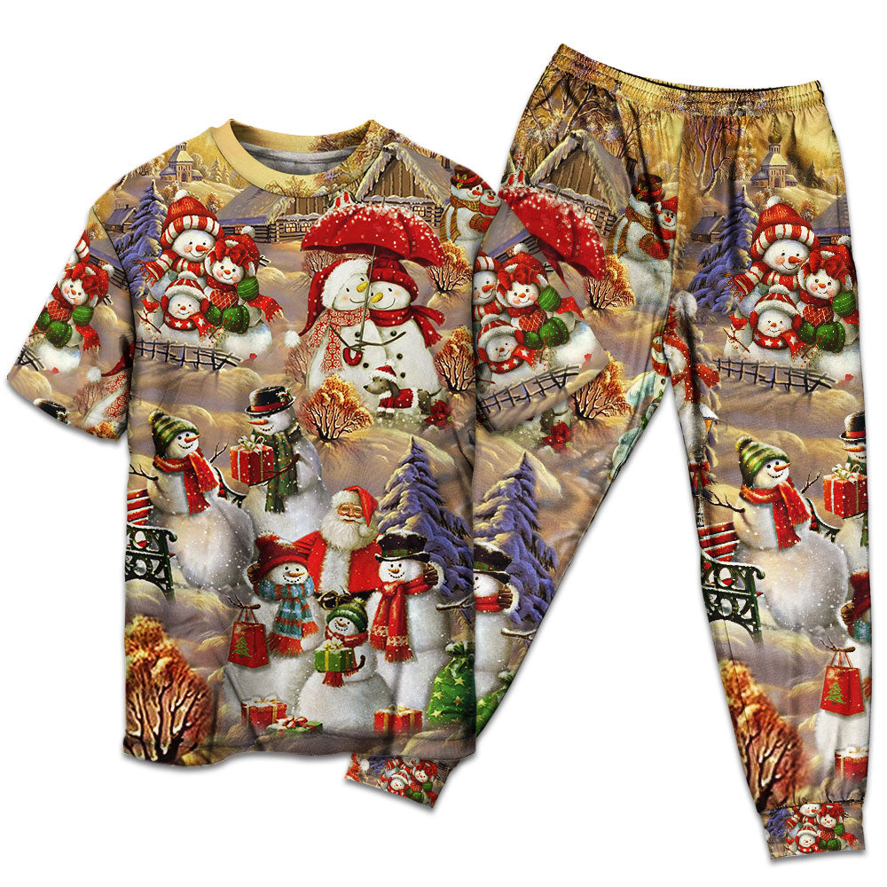 Snowman Couple Christmas Short Sleeve Pajamas Set For Holiday Bedtime And Cozy Home Wear