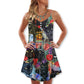 Black Cat Floral Art V-Neck Sleeveless Cami Dress For Festivals Travel And Relaxed Casual Summer Wear
