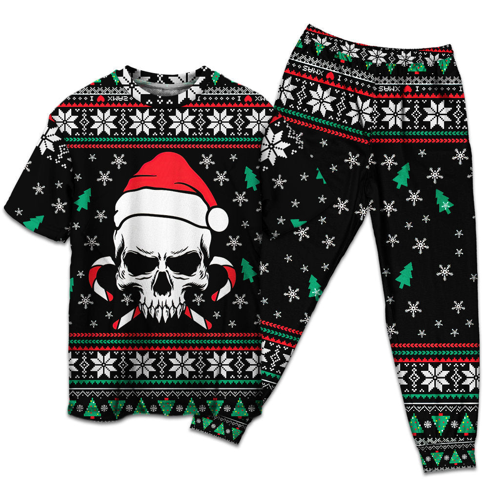 Skull In Santa Hat With Holiday Candy Short Sleeve Pajamas Set For Holiday Travel And Comfortable Home Wear