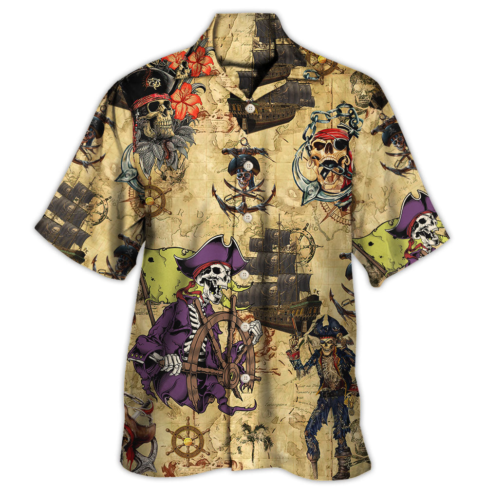 Dark Skull Scary Nautical Pirate Fantasy Hawaiian Shirt Pattern View For Relaxed Warm Weather Outfits