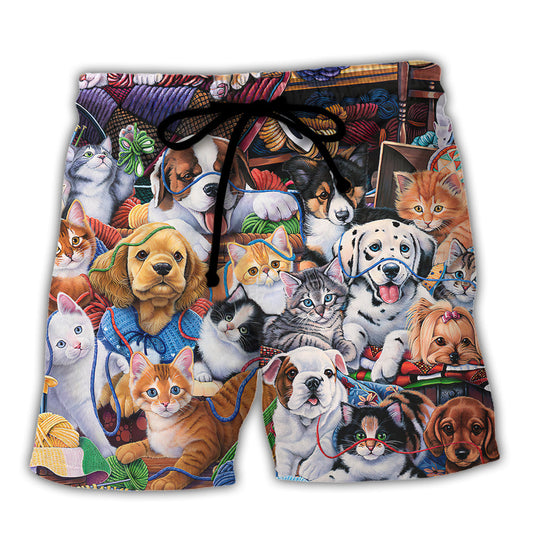Dog And Cat Playing With Yarn Beach Shorts For Summer Vacation And Coastal Travel