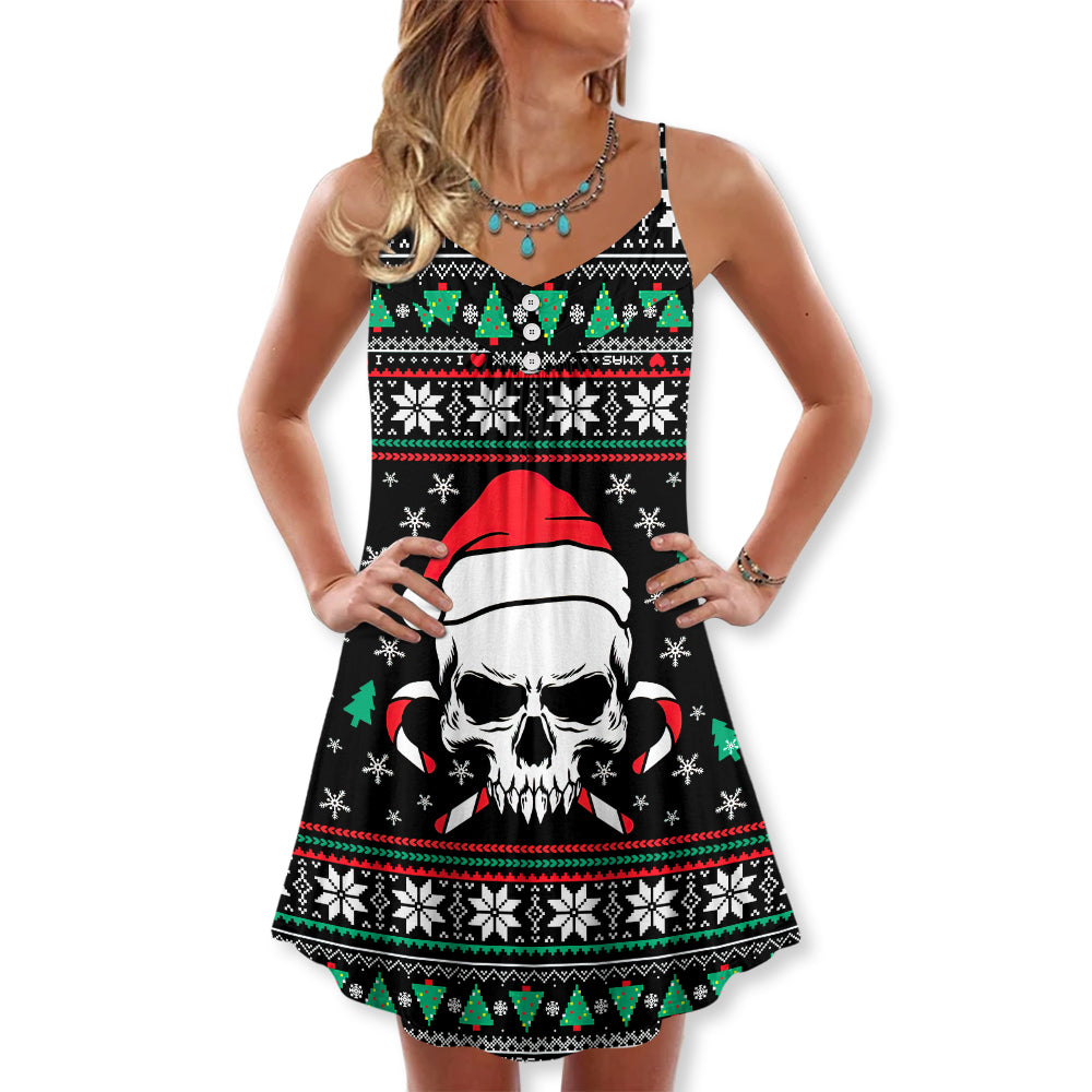 Christmas Skull Santa Hat Candy V-Neck Sleeveless Cami Dress For Festivals Travel And Relaxed Casual Summer Wear