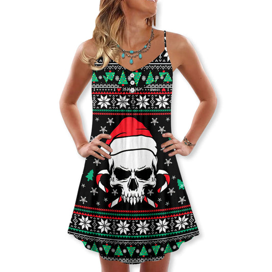 Christmas Skull Santa Hat Candy V-Neck Sleeveless Cami Dress For Festivals Travel And Relaxed Casual Summer Wear