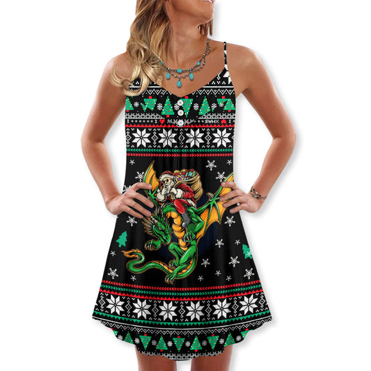 Christmas Santa And Dragon – Women's Summer Sleeveless V-Neck Camisole Dress
