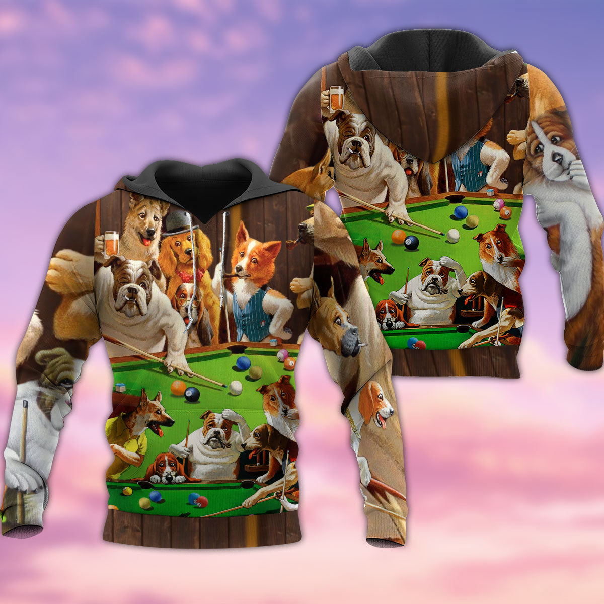 Vintage Dogs Playing Pool Hoodie For Relaxed Daily Wear Weekend Outings And Thoughtful Gifting