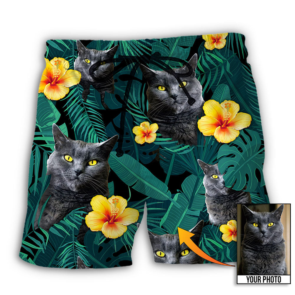 Black Cat Green Tropical Style Personalized Photo Beach Shorts For Warm Weather Travel And Everyday Comfort