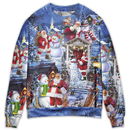 Santa And Snowman Happy Holiday Sweater For Winter Parties Seasonal Adventures And Relaxed Everyday Styling