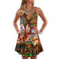 Poker Santa Friends Merry Christmas Snow V-Neck Sleeveless Cami Dress For Vacations And Casual Warm Weather Wear
