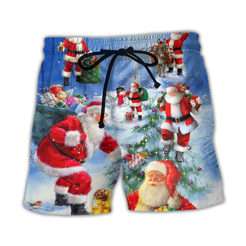 Christmas Santa Coming Night Story Beach Shorts Pattern View For Warm Weather Holiday Outfits
