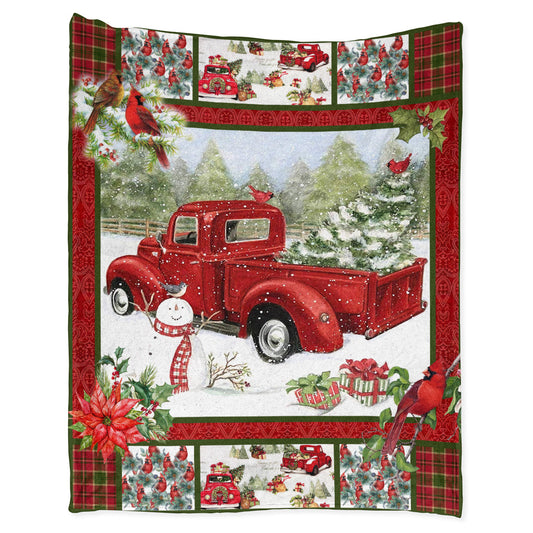 Cardinal Red Truck Christmas Flannel Blanket For Cozy Bedroom Sofa Decor