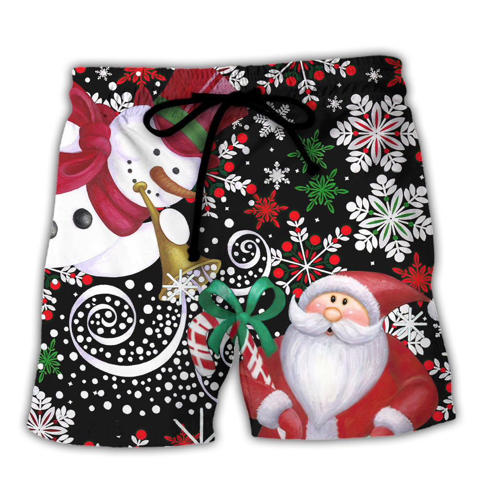 Christmas Snowy Day Santa And Snowman Beach Shorts Pattern View For Weekend Trips And Outdoor Activities