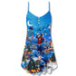 Christmas Skull Merry Holiday Theme V-Neck Sleeveless Cami Dress For Vacations And Casual Warm Weather Wear