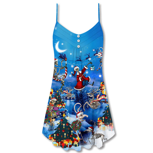 Christmas Skull Merry Holiday Theme – Women's Summer Sleeveless V-Neck Camisole Dress