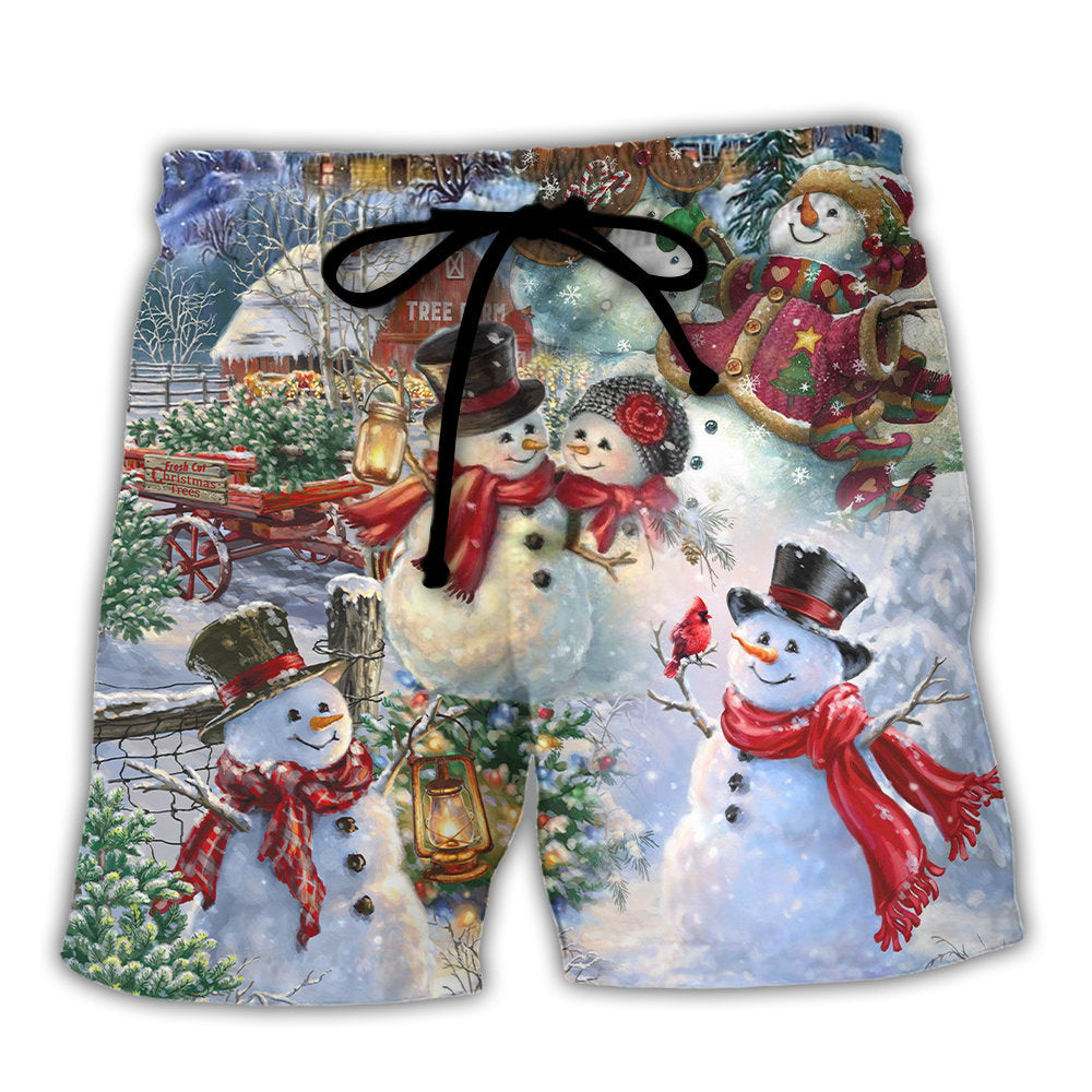 Christmas Snowman Couple Happy Beach Shorts Artwork Detail For Christmas Trips And Gifting