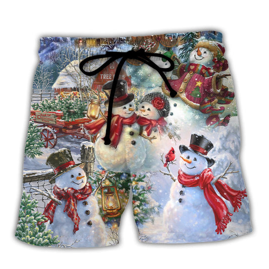 Christmas Snowman Couple Happy Beach Shorts Artwork Detail For Christmas Trips And Gifting
