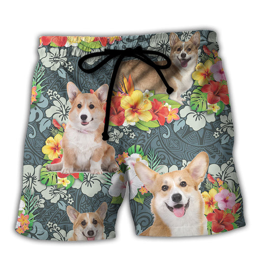 Tropical Floral Corgi Beach Shorts For Resort Getaways And Laid Back Styling