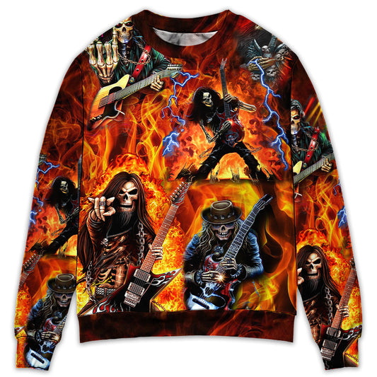 Guitar Skull Fire Hot Sweater For Fantasy Fans Casual Outings And Weekend Adventures