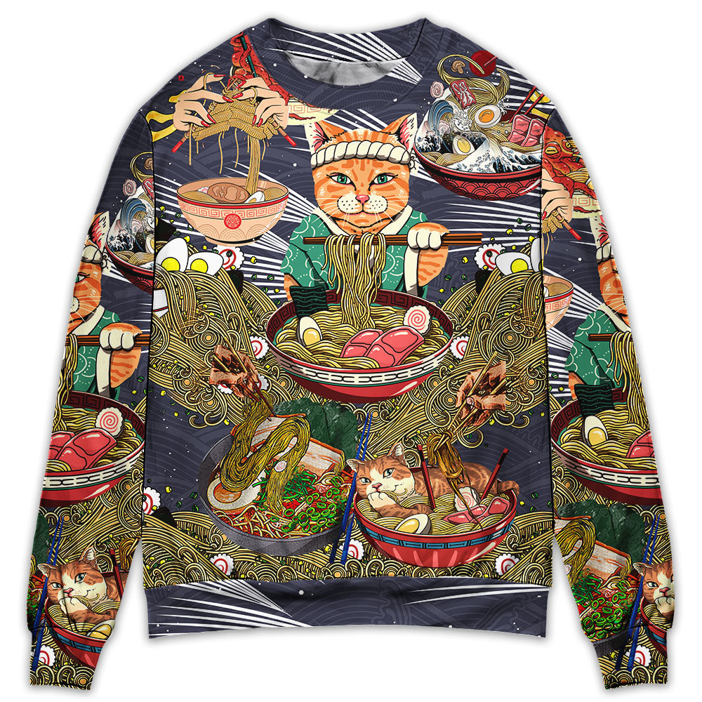 Cat Eating Ramen Sweater For Outdoor Activities Weekend Trips And Relaxed Everyday Outfits