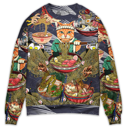 Cat Eating Ramen Sweater For Outdoor Activities Weekend Trips And Relaxed Everyday Outfits