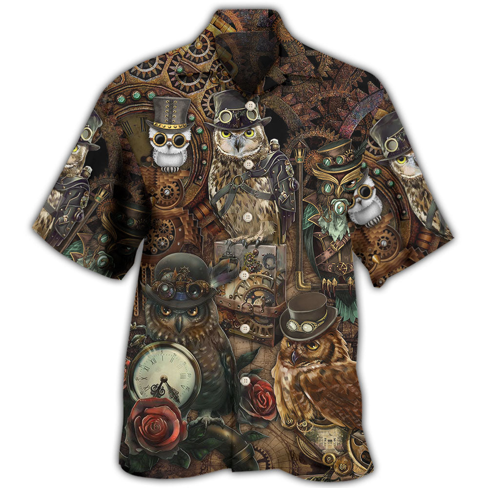 Retro Steampunk Owl Mechanical Hawaiian Shirt Summer Design Detail For Coastal Travel