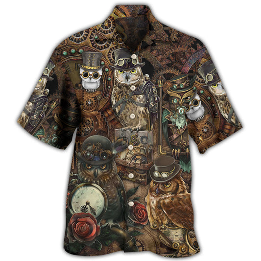 Retro Steampunk Owl Mechanical Hawaiian Shirt Summer Design Detail For Coastal Travel
