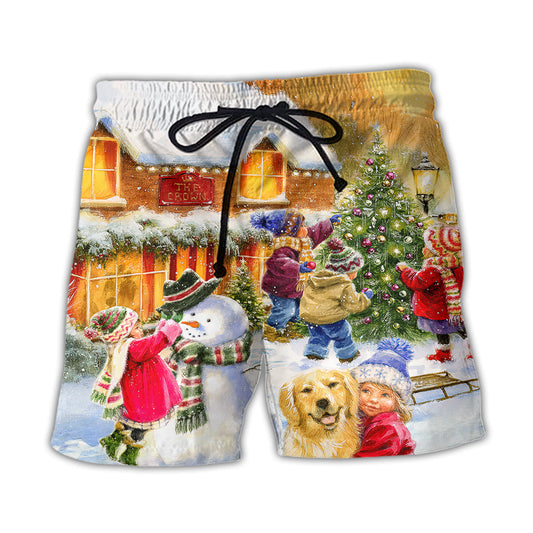 Christmas Kids And Animals Town Art Beach Shorts For Festive Outdoor Style