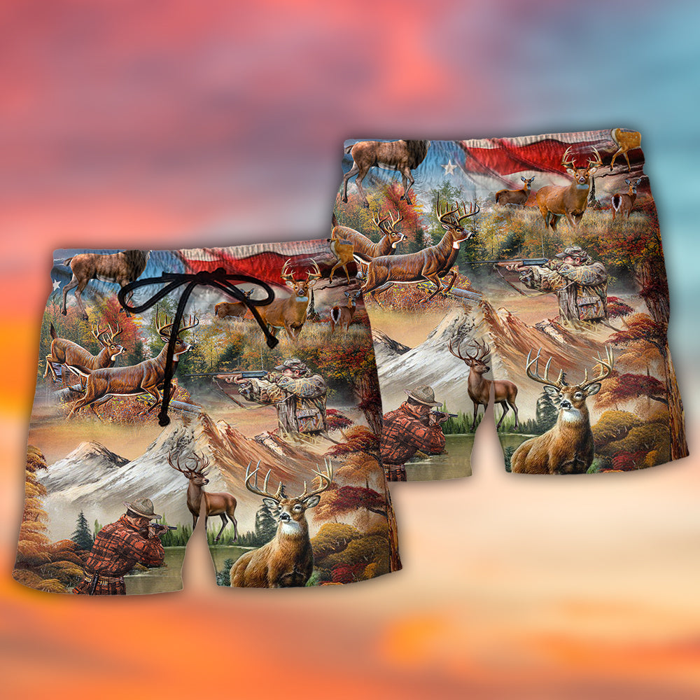 Deer Hunting USA Flag Independence Day Beach Shorts Design View For Comfortable Resort And Beach Styling