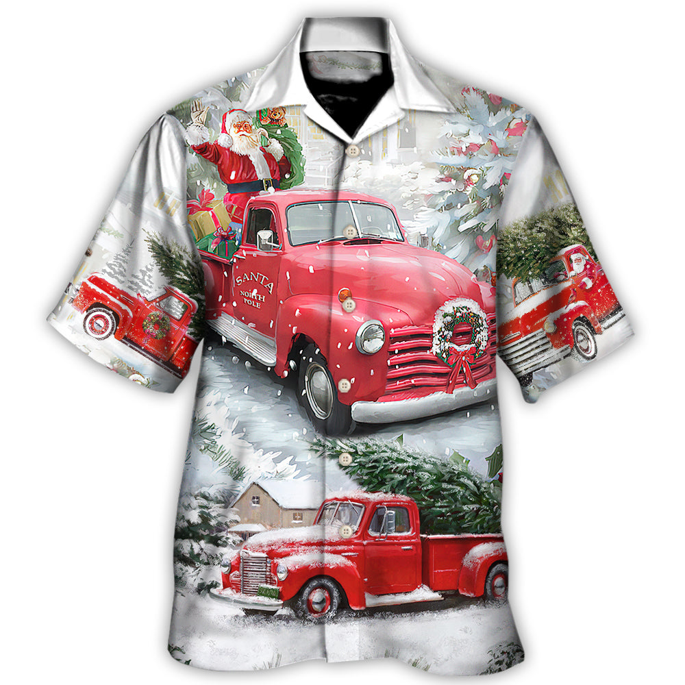 Red Truck Christmas Santa Winter Hawaiian Shirt Artwork Detail For Tropical Trips And Casual Outings