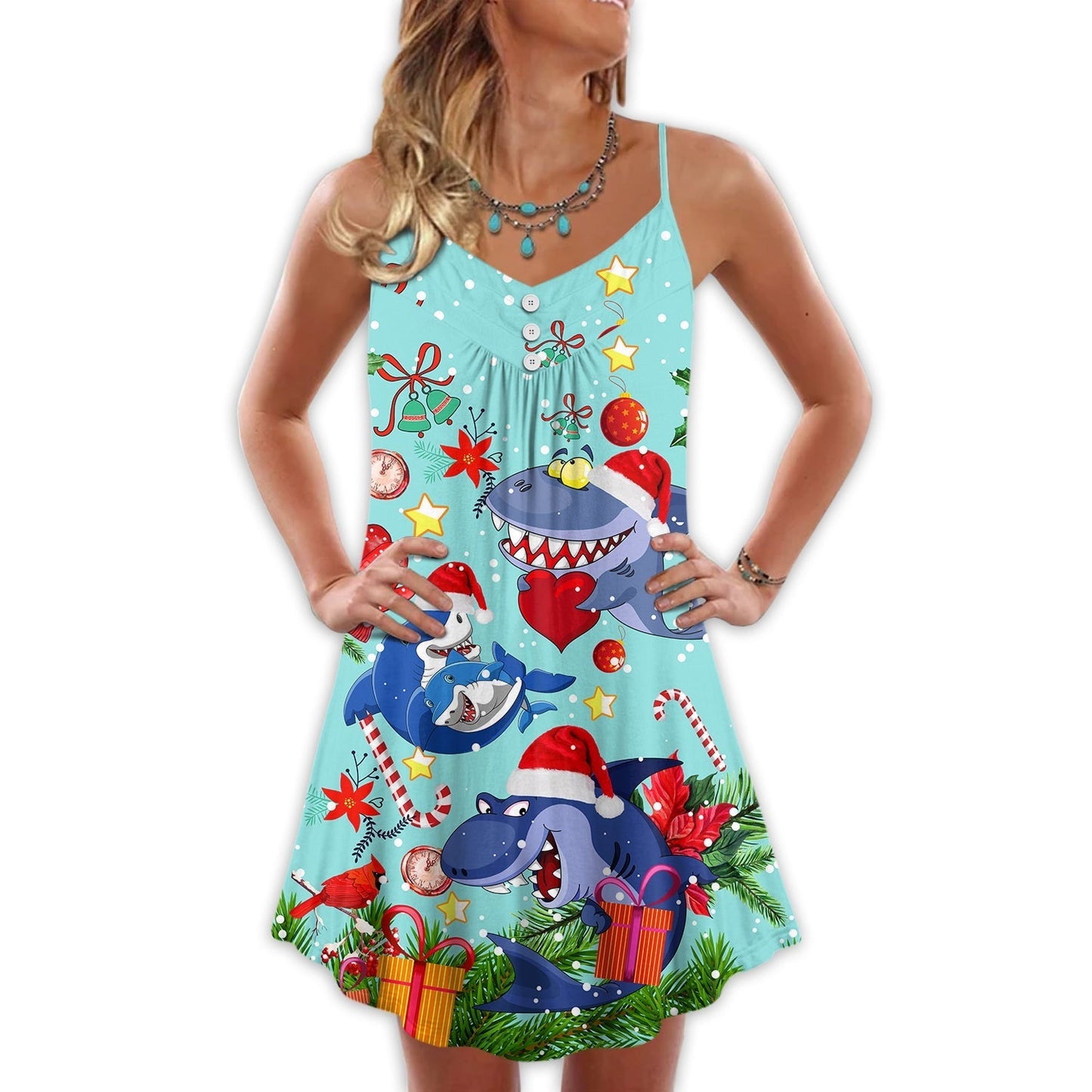 Christmas Funny Shark Holiday V-Neck Sleeveless Cami Dress For Festive Events And Casual Summer Styling