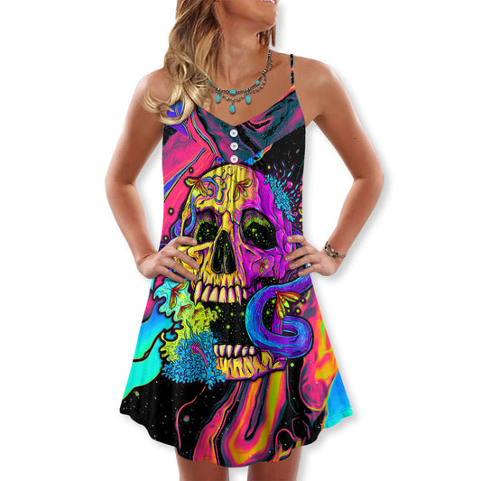 Neon Skull And Moth Night – Women's Summer Sleeveless V-Neck Camisole Dress