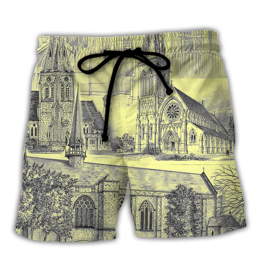 Church Grey Vintage Art Beach Shorts For Coastal Adventures And Resort Days