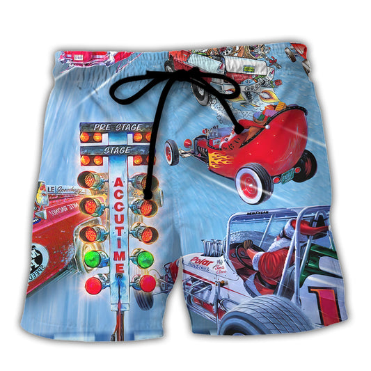 Christmas Light Santa Drag Racing Beach Shorts For Casual Day Trips And Leisure And Relaxation