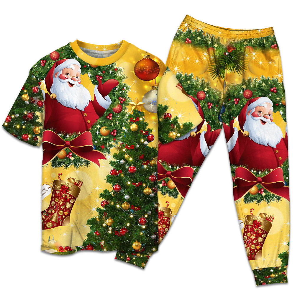 Santa And Golden Christmas Tree Short Sleeve Pajamas Set For Holiday Travel And Comfortable Home Wear