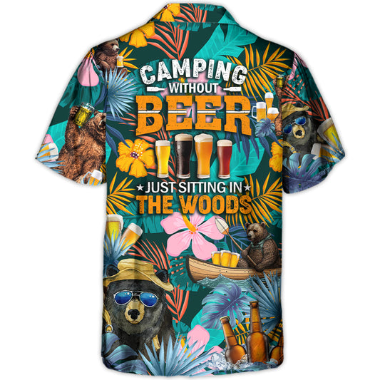 Funny Camping Bear Beer Sitting Woods Hawaiian Shirt For Outdoor Relaxation, Island Trips, And Warm Weather Activities