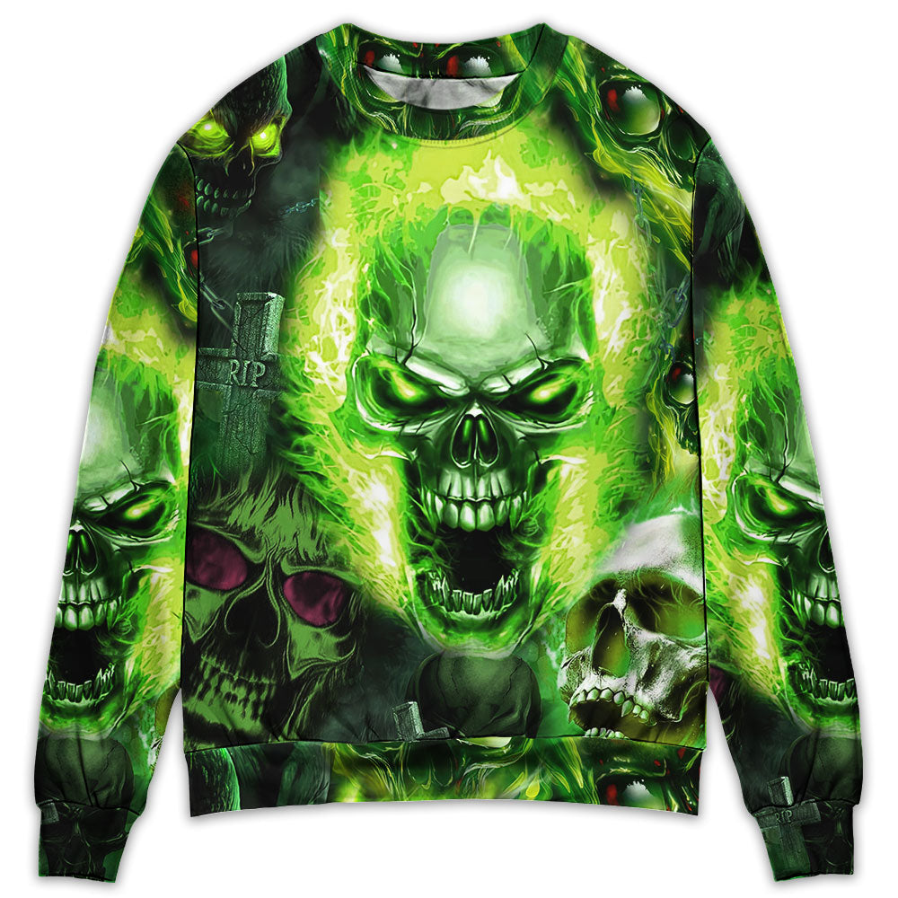 Green Skull Fearless Spirit Sweater For Fantasy Fans Casual Outings And Weekend Adventures