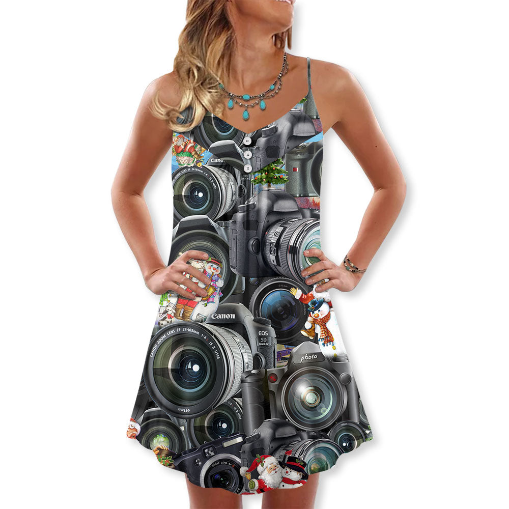 Camera Art Merry Christmas – Women's Summer Sleeveless V-Neck Camisole Dress