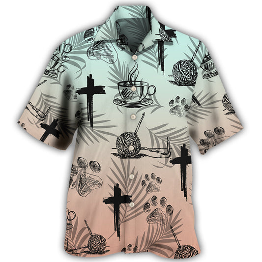 Faith Coffee Dog Knitting Humor Hawaiian Shirt Front Pattern View For Casual Outings