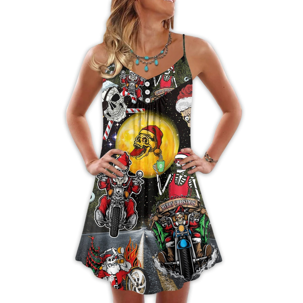 Christmas Santa Skull Racing Holiday V-Neck Sleeveless Cami Dress For Vacations And Casual Warm Weather Wear