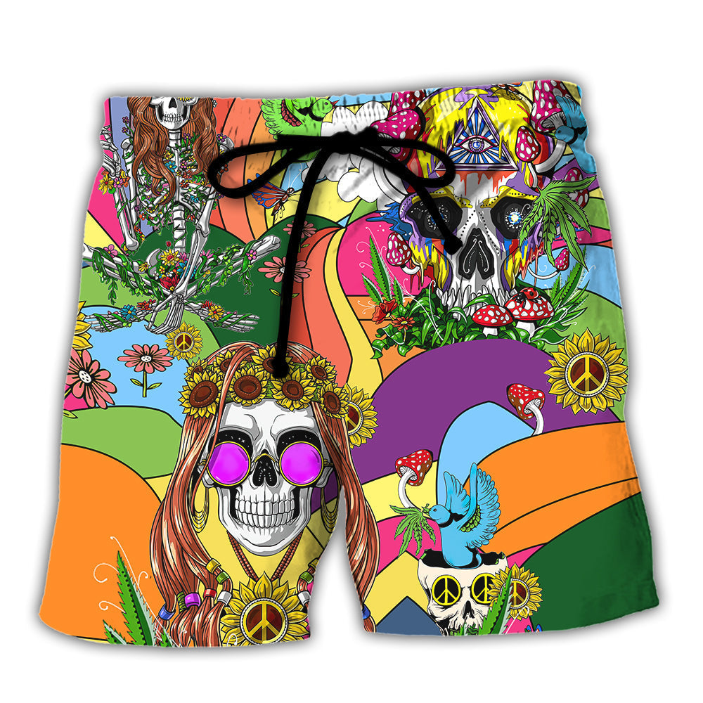 Hippie Skull Peace Life Colorful Art Beach Shorts For Fantasy Fan Beach Days