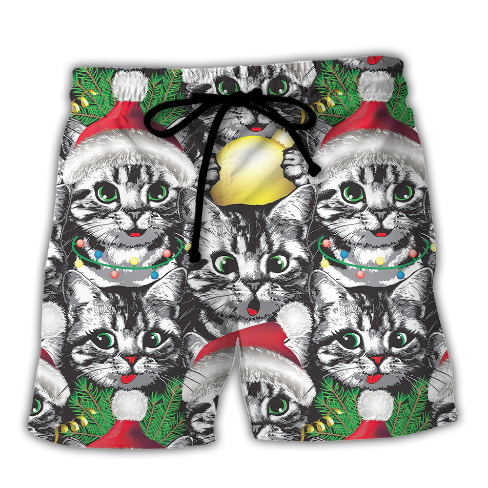 Meowy Christmas Cat Lover Beach Shorts Design View For Comfortable Resort And Beach Styling
