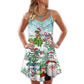 Christmas Dinosaur Fun Santa Funny V-Neck Sleeveless Cami Dress For Vacations And Casual Warm Weather Wear