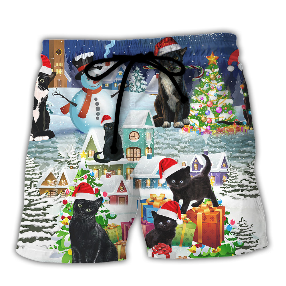 Black Cat Merry Catmas Holiday Beach Shorts For Festive Outdoor Style