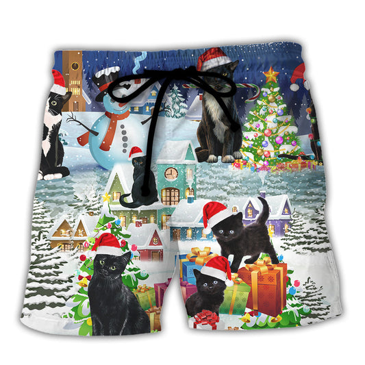 Black Cat Merry Catmas Holiday Beach Shorts For Festive Outdoor Style