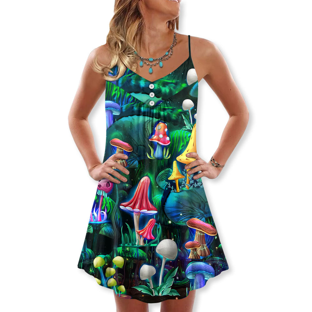 Hippie Mushroom Galaxy Neon V-Neck Sleeveless Cami Dress For Summer Getaways Parties And Expressive Hippie Style
