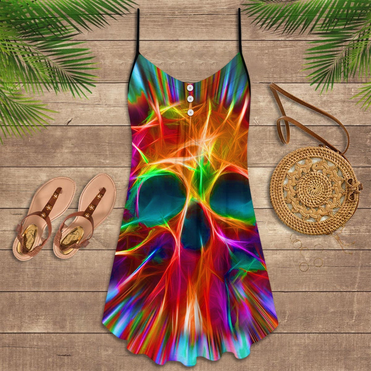 Skull Rainbow Color Love V-Neck Sleeveless Cami Dress For Travel And Expressive Warm Weather Fashion