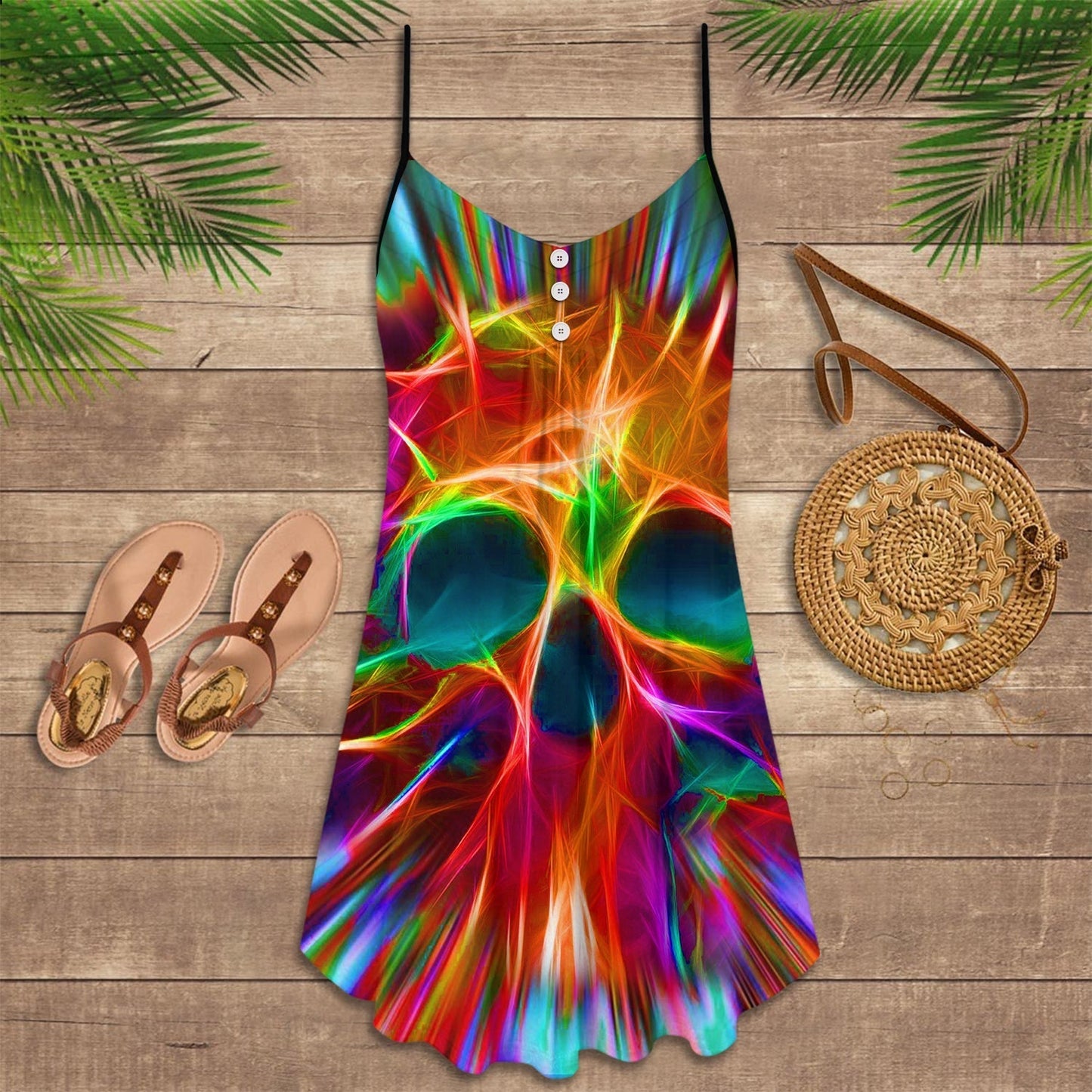 Skull Rainbow Color Love V-Neck Sleeveless Cami Dress For Travel And Expressive Warm Weather Fashion